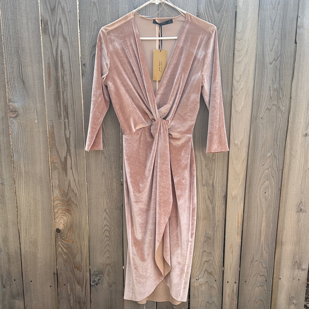 Zara Soft Velvet Neutral Romantic Pink Feminine Mock Wrap Midi Dress Small
